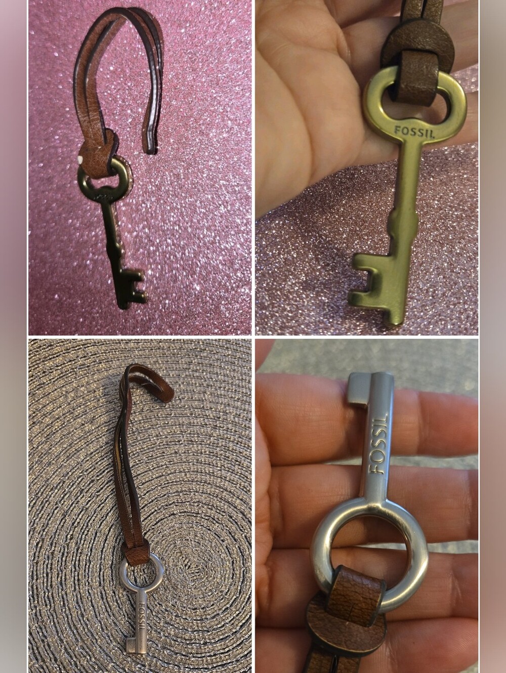 Fossil Replacement Key Bag Charm Lot of 2 Silver & Brass Tone Handbag Hangtag